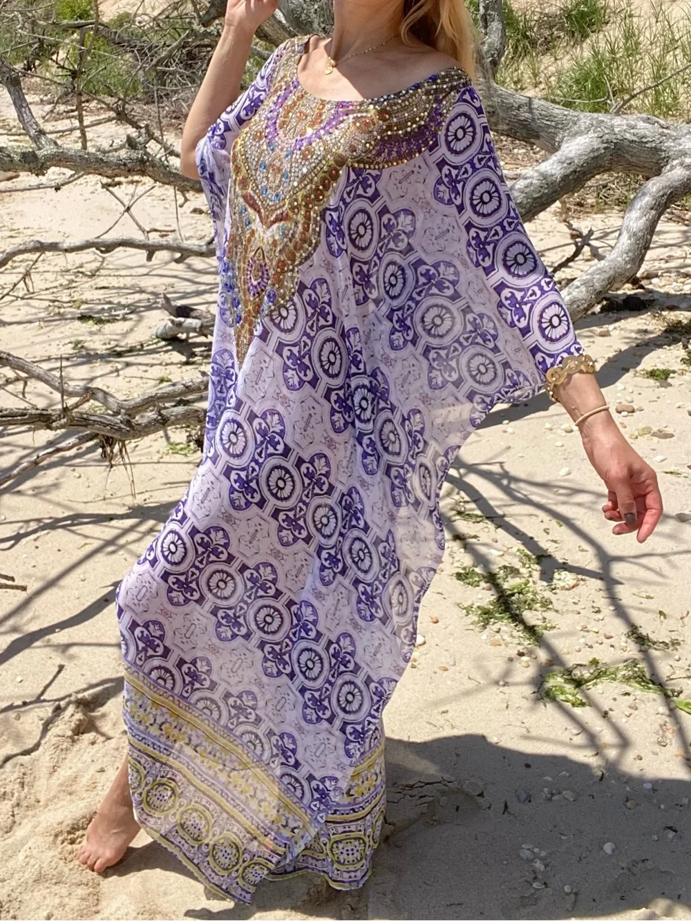 RANEE’S Boho Purple Embellished Kaftan Style Beach Cover-Up! 🐚